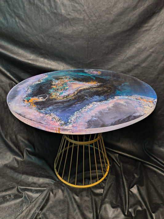 Custom 24 inch diameter round coffee, end, bar, decor table handmade in true unique collaboration with veteran artisan Eric Kulzer